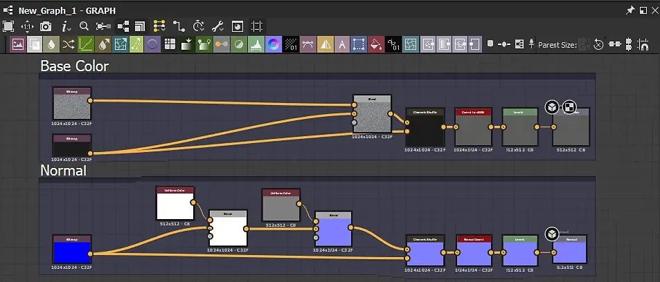 Base color and normal material node groups in the graph editor
