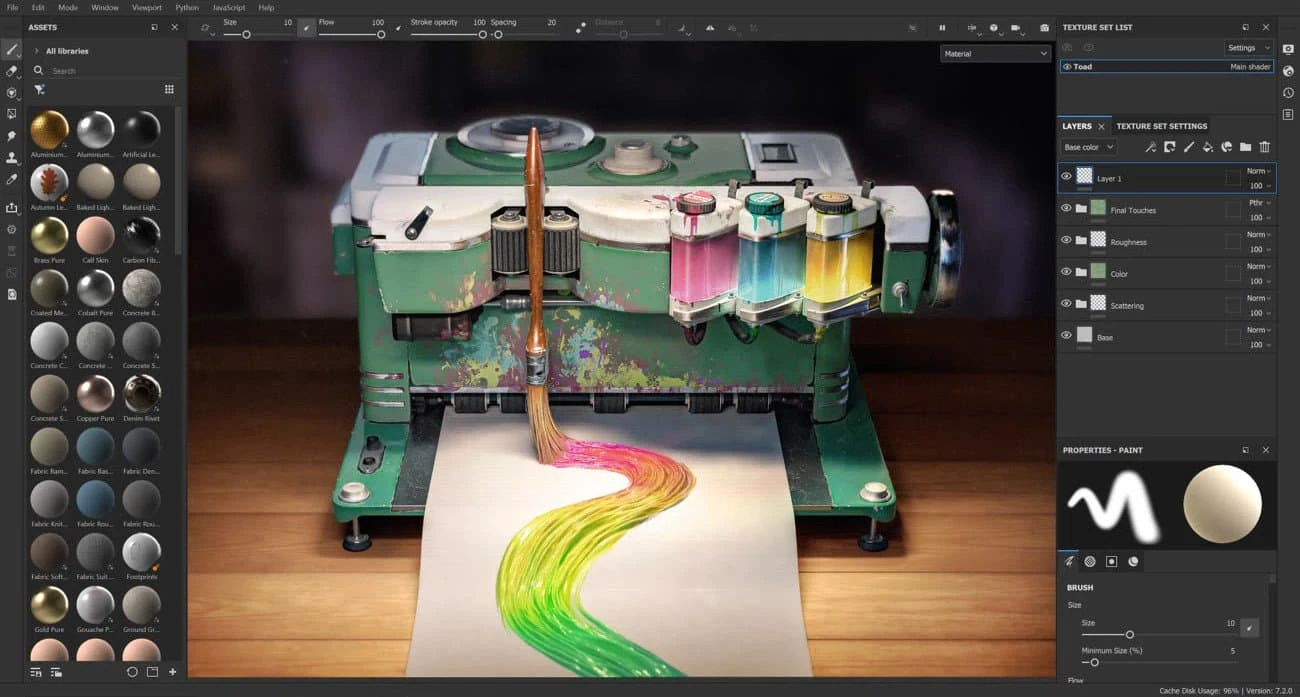Substance 3D Painter texture painting workspace with material library, 3D viewport, layers and brush properties