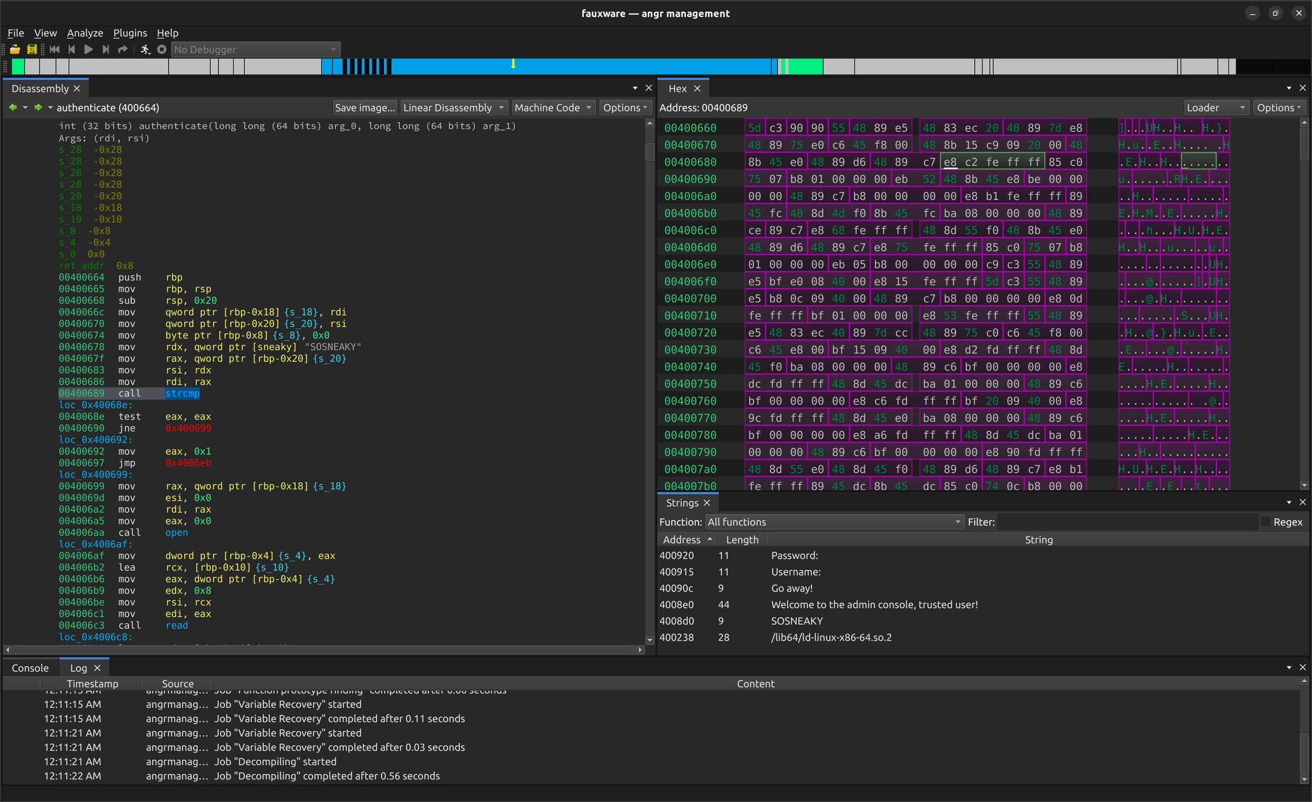 angr-management disassembly instructions beside a hex view, Strings table and log in the dark application window