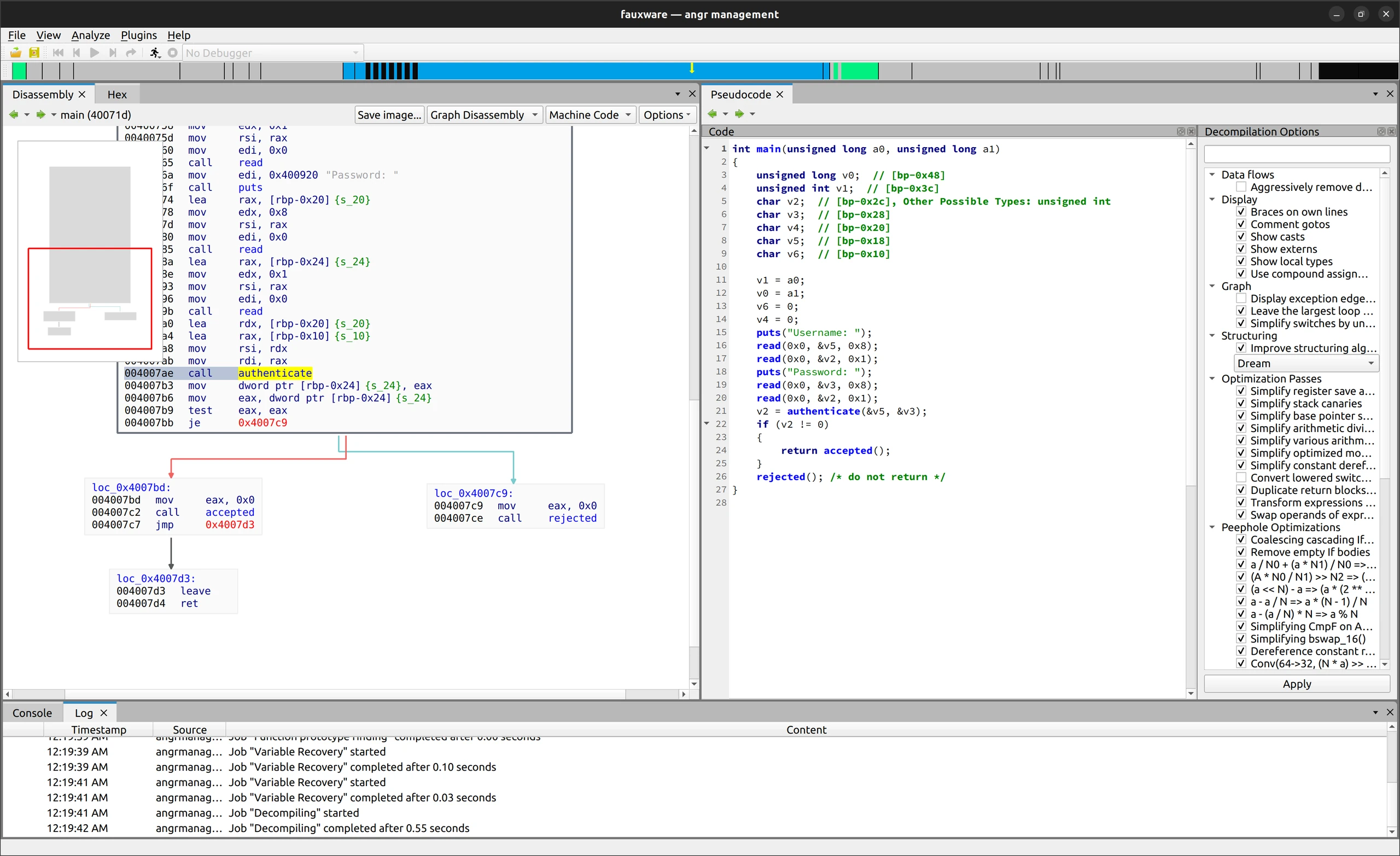 Control-flow graph and pseudocode beside decompiler options and a log in angr-management