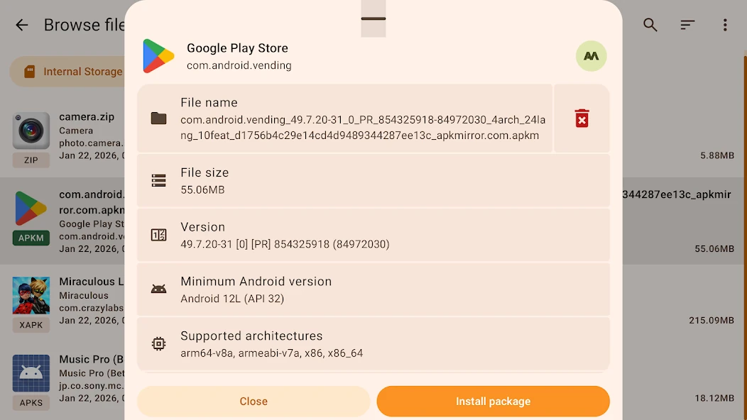 APKMirror Installer package details with version, supported architectures and Install package button