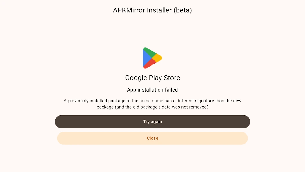 APKMirror Installer reporting an installation failure caused by a signature mismatch