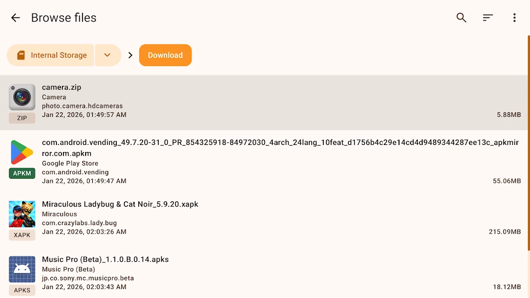 APKMirror Installer file browser listing downloaded APK packages and their sizes