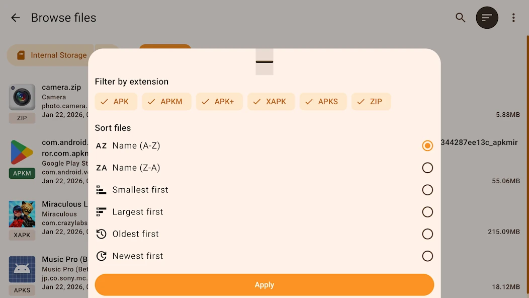 APKMirror Installer file extension filters and sorting options