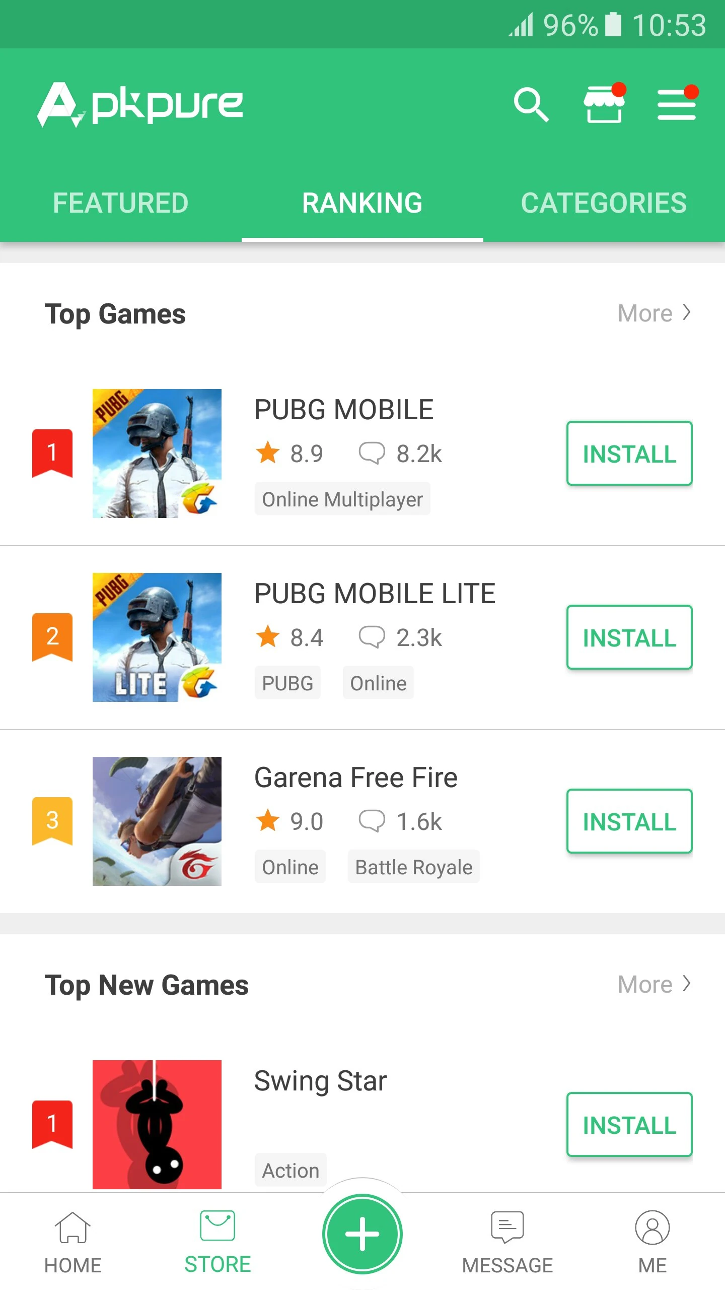 APKPure Android Store ranking page with top games, ratings and Install buttons