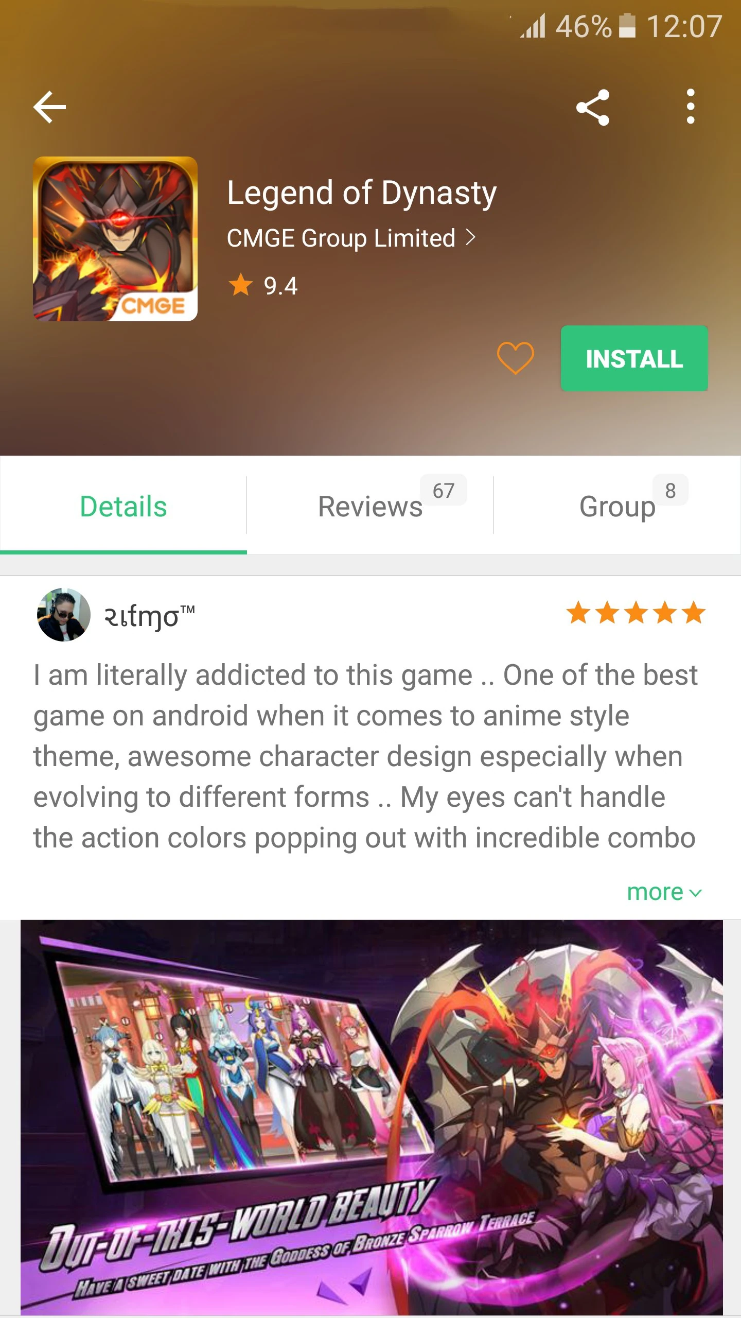 APKPure Android game detail page showing Legend of Dynasty, rating, install action and reviews