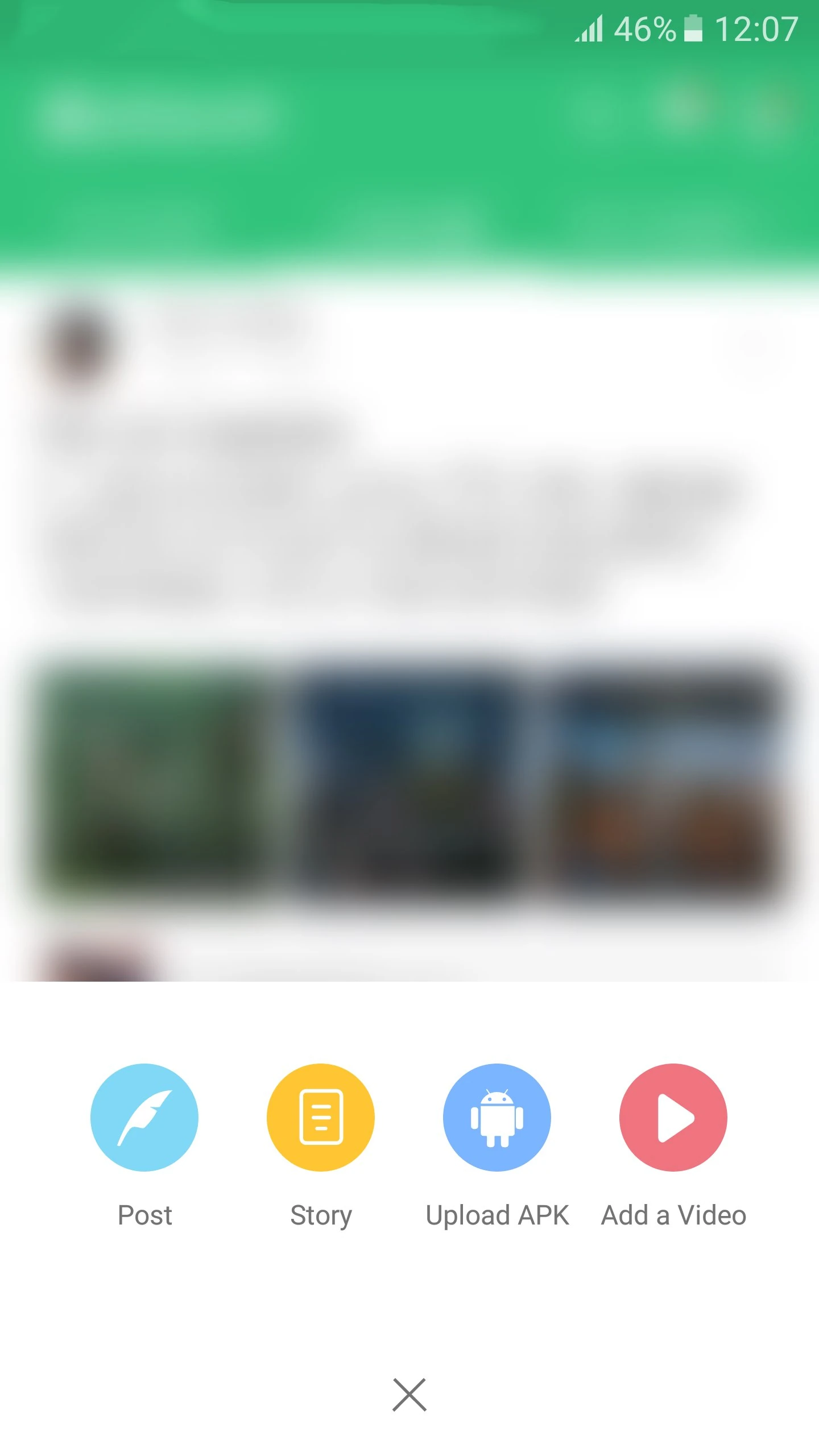 APKPure Android create menu offering Post, Story, Upload APK and Add a Video