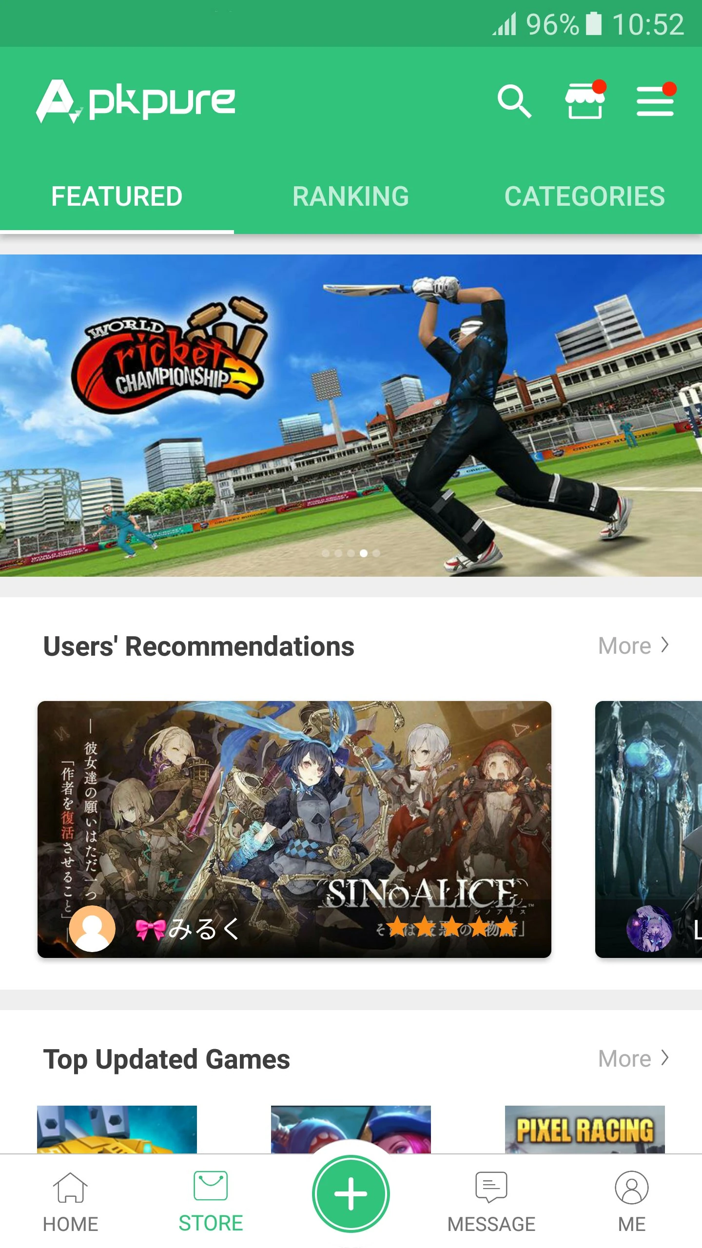APKPure Android Store featured page with user recommendations and updated games