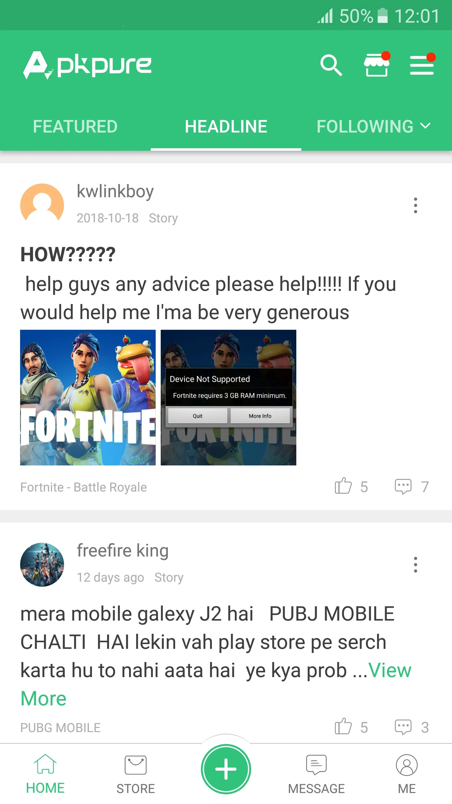 APKPure Android community headline feed showing user posts and reply controls