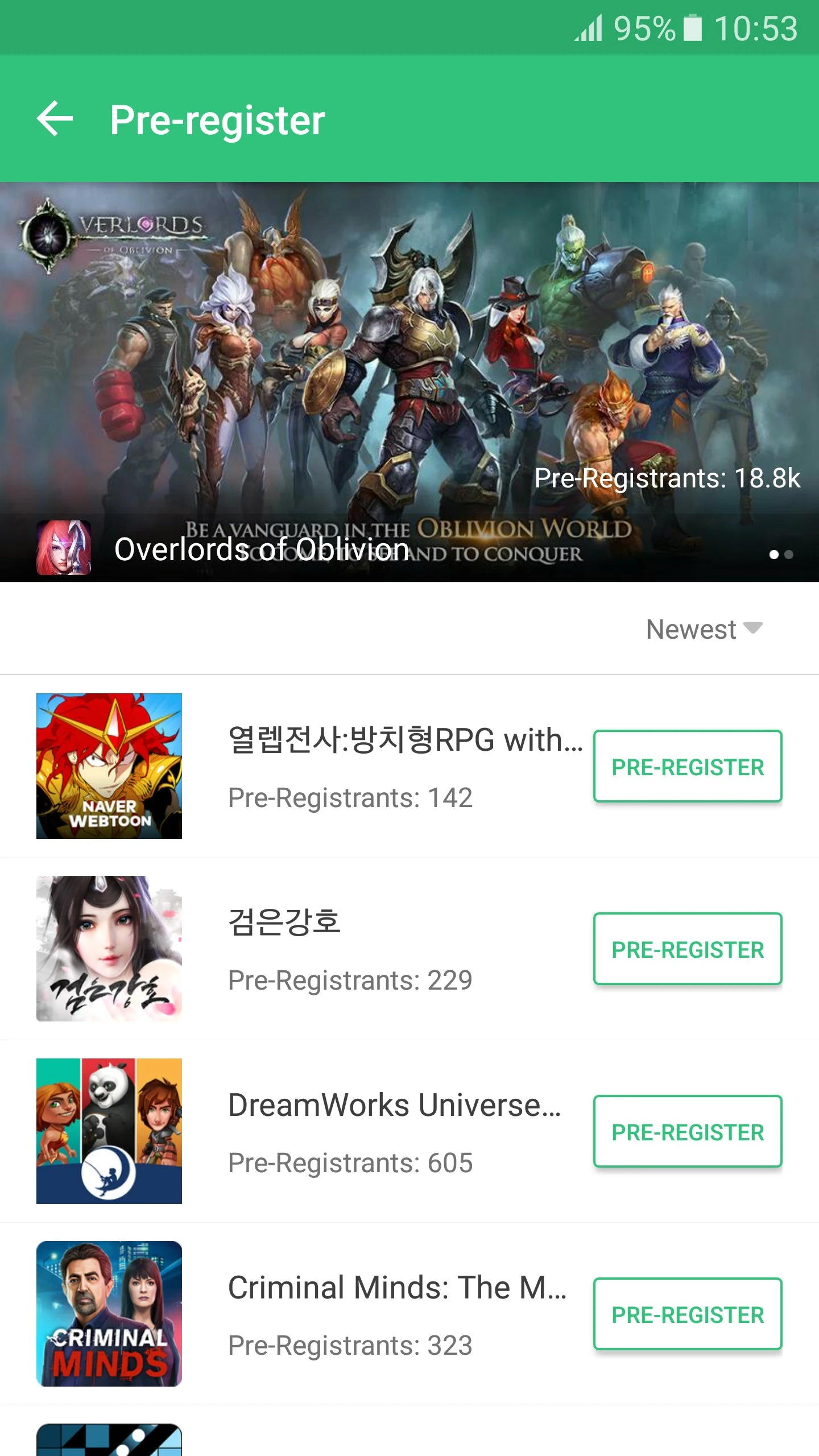 APKPure Android preregistration list with upcoming games and Pre-register buttons