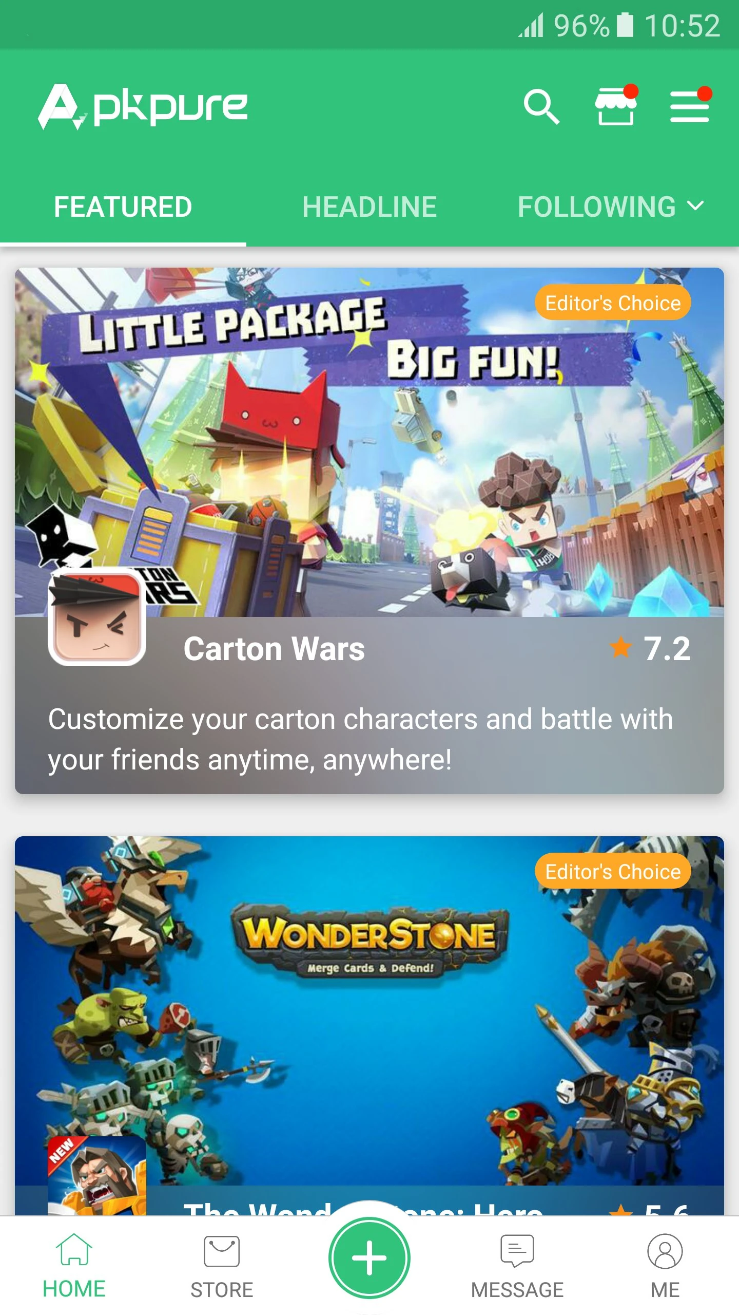 APKPure Android Home featured feed showing game cards, search and bottom navigation