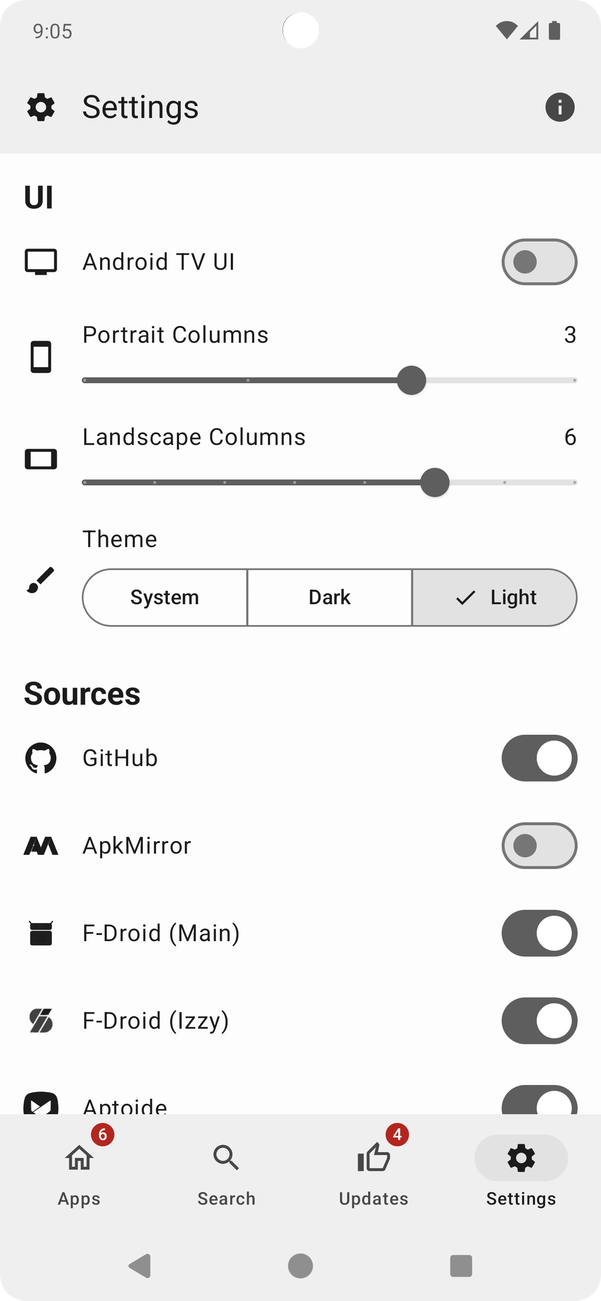 APKUpdater appearance and update-source settings