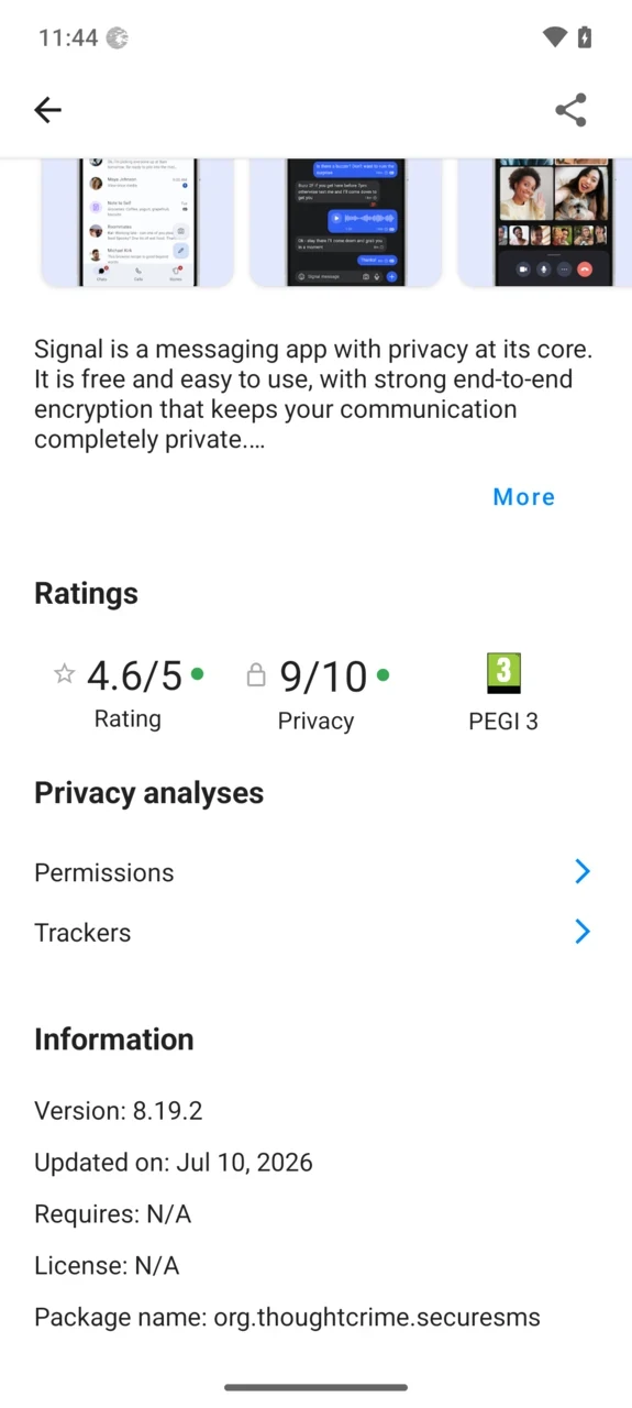 App Lounge Signal app details with rating, privacy analysis, permissions and tracker links