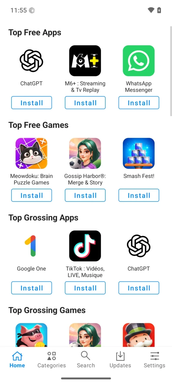 App Lounge home catalog with ranked app and game groups and Install buttons