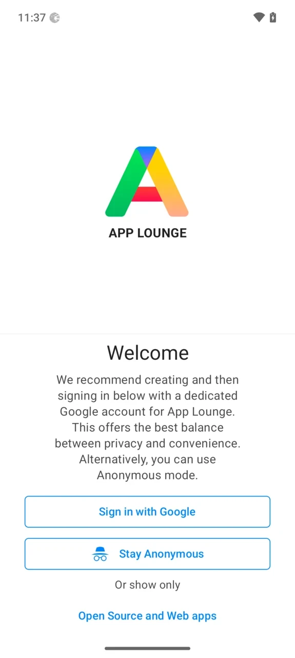 App Lounge welcome screen offering Google sign-in, anonymous access and open-source-only browsing