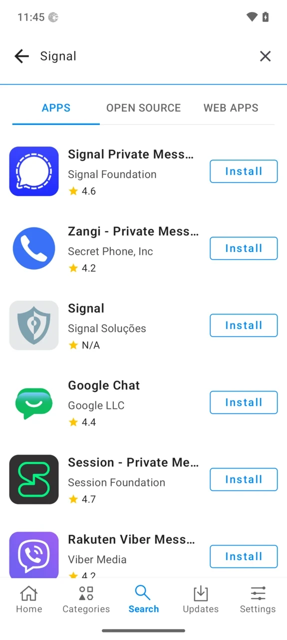 App Lounge search for Signal with Apps, Open Source and Web Apps filters