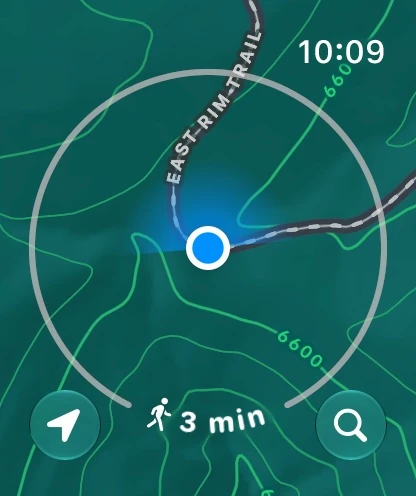 Apple Maps Apple Watch hiking map near East Rim Trail with walking time