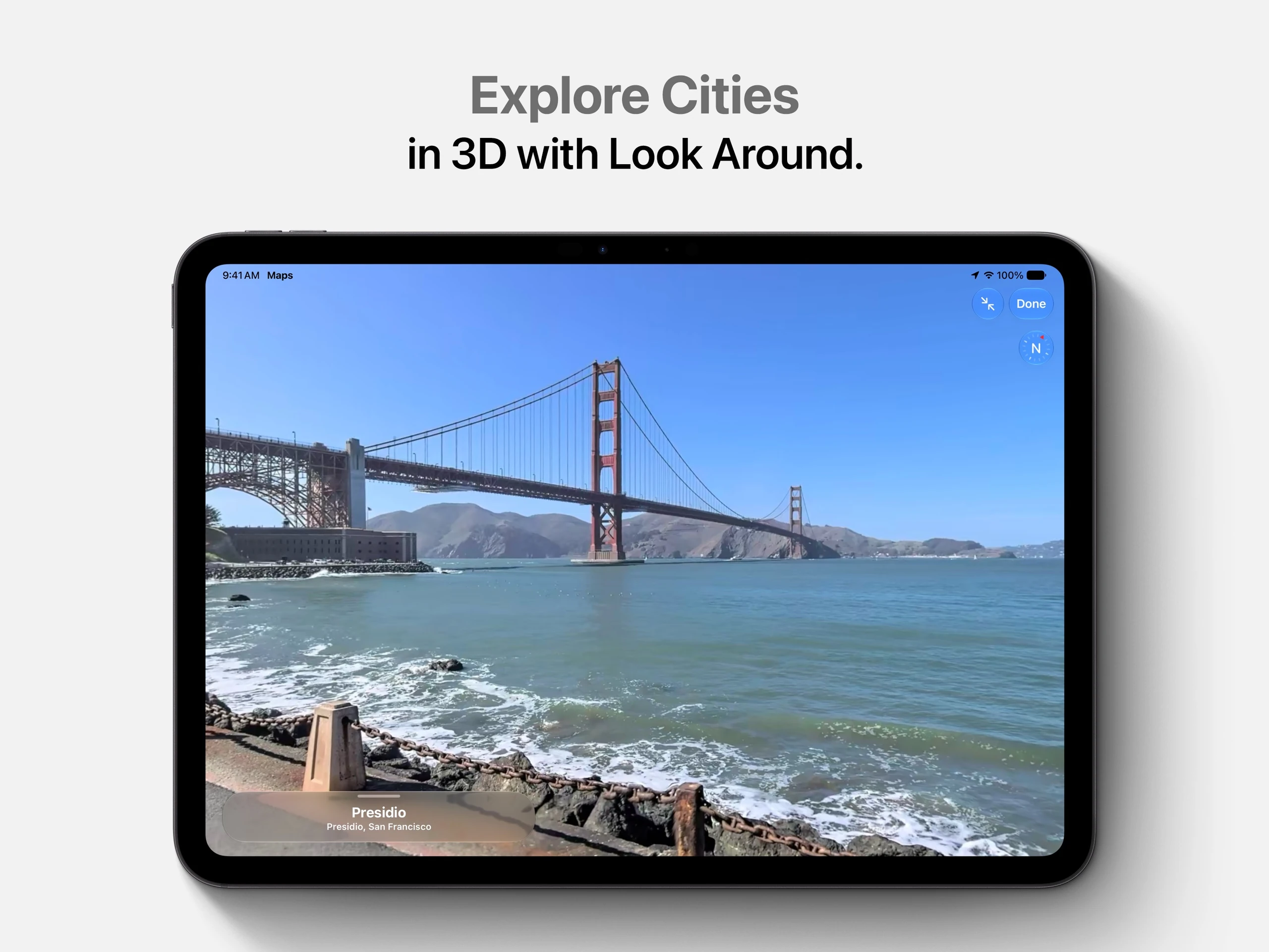 Apple Maps iPad Look Around view of the Golden Gate Bridge from the waterfront