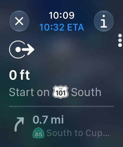 Apple Maps Apple Watch turn instructions for US-101 South with estimated arrival time