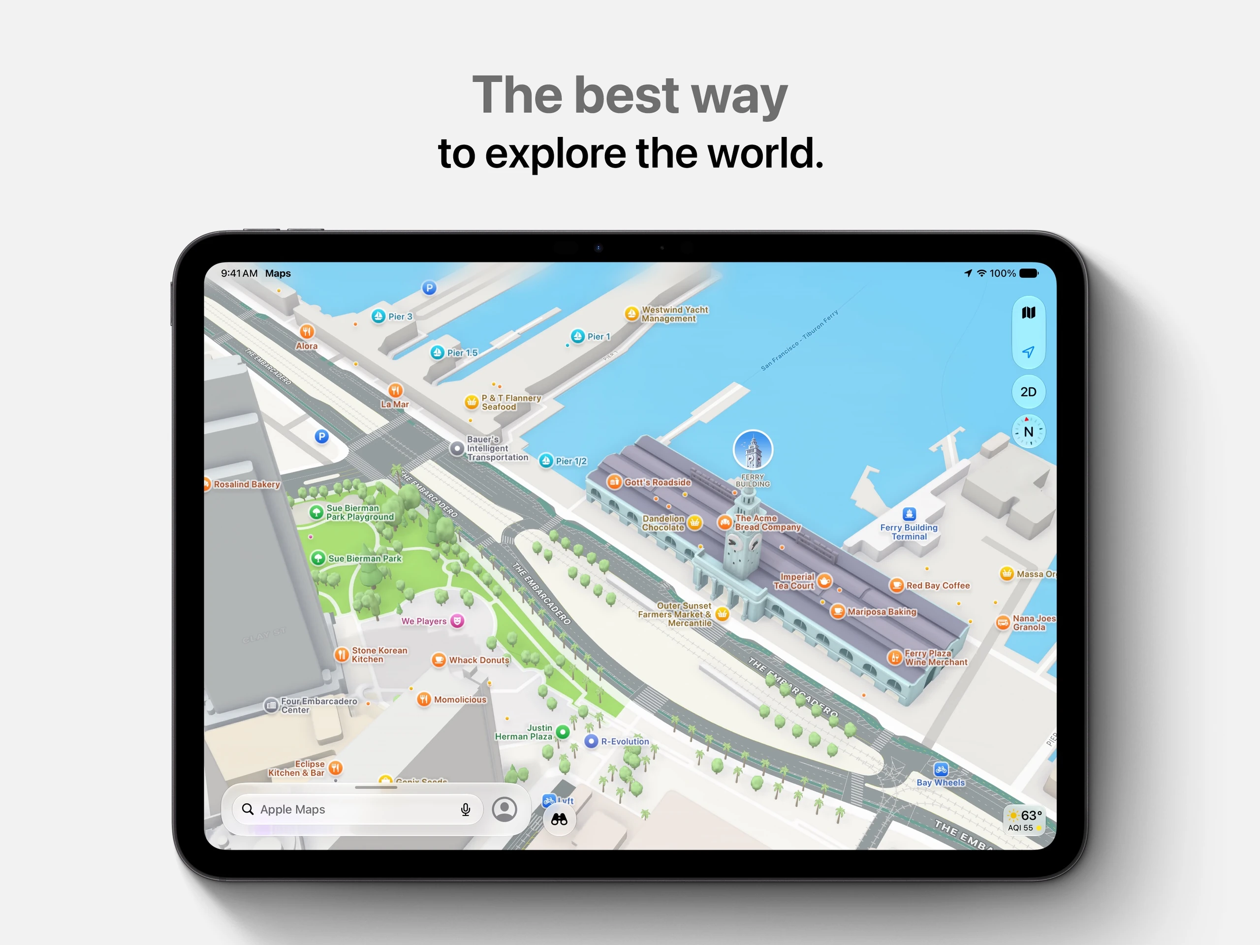 Apple Maps iPad three-dimensional map around San Francisco waterfront