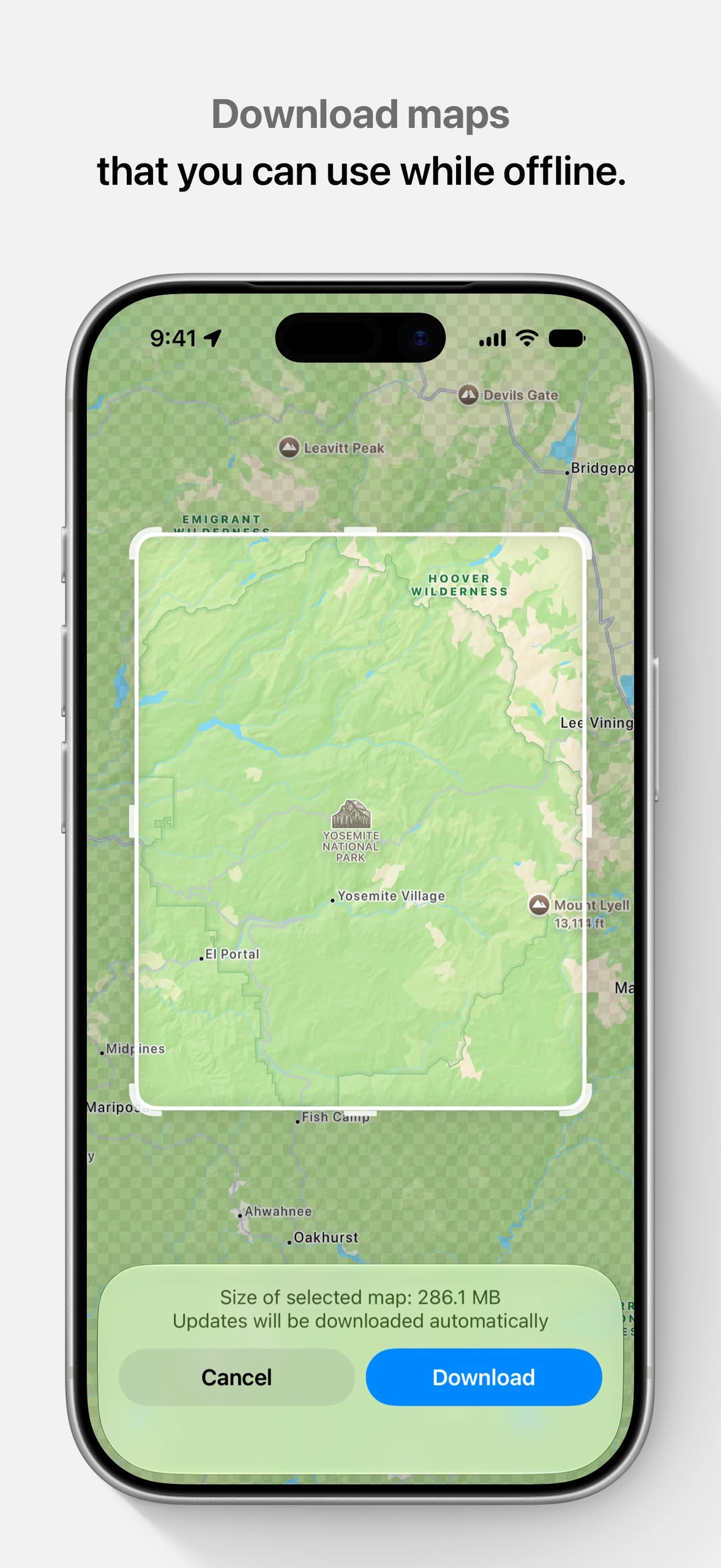 Apple Maps iPhone offline map download selection with Cancel and Download controls