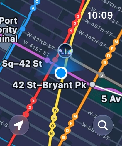 Apple Maps Apple Watch New York transit map around 42nd Street Bryant Park