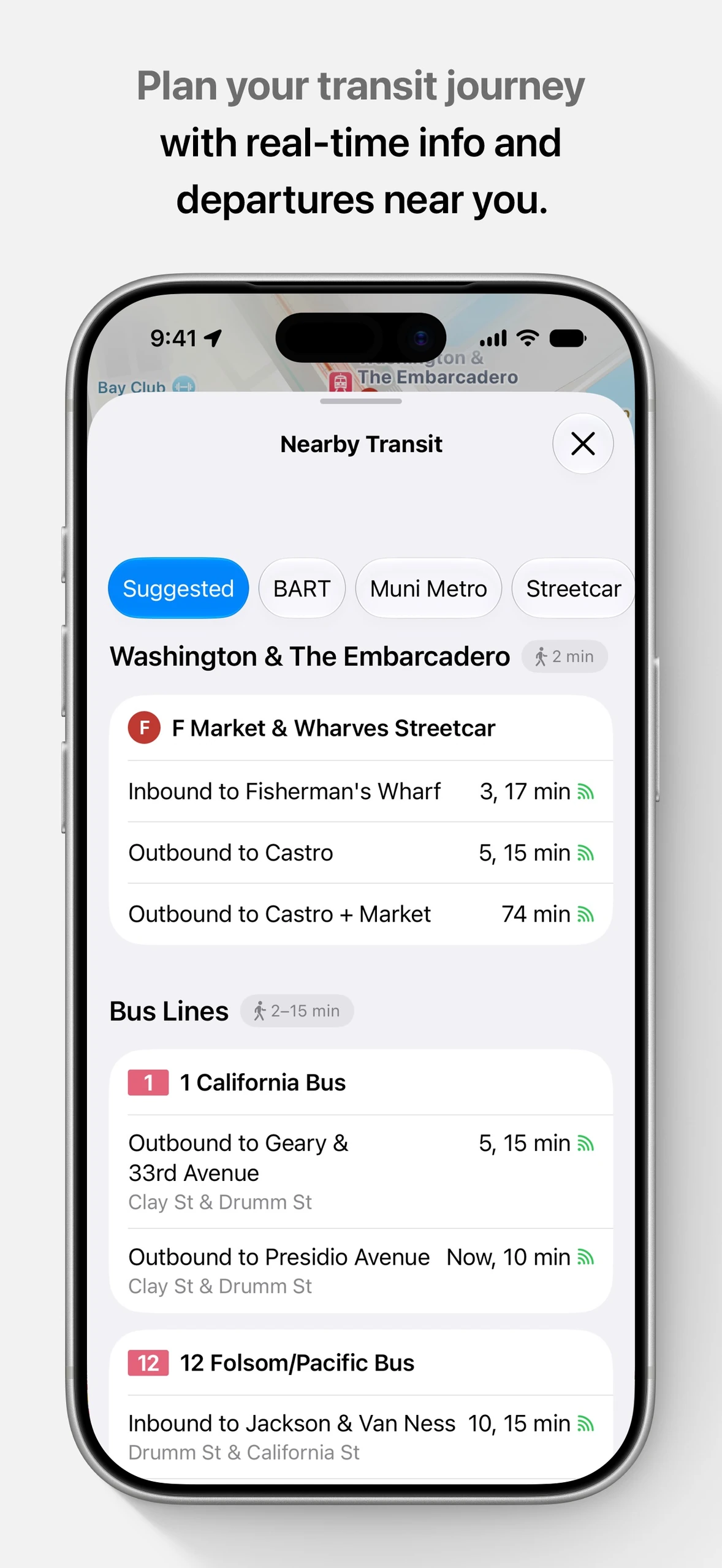 Apple Maps iPhone nearby transit departures for Washington and The Embarcadero