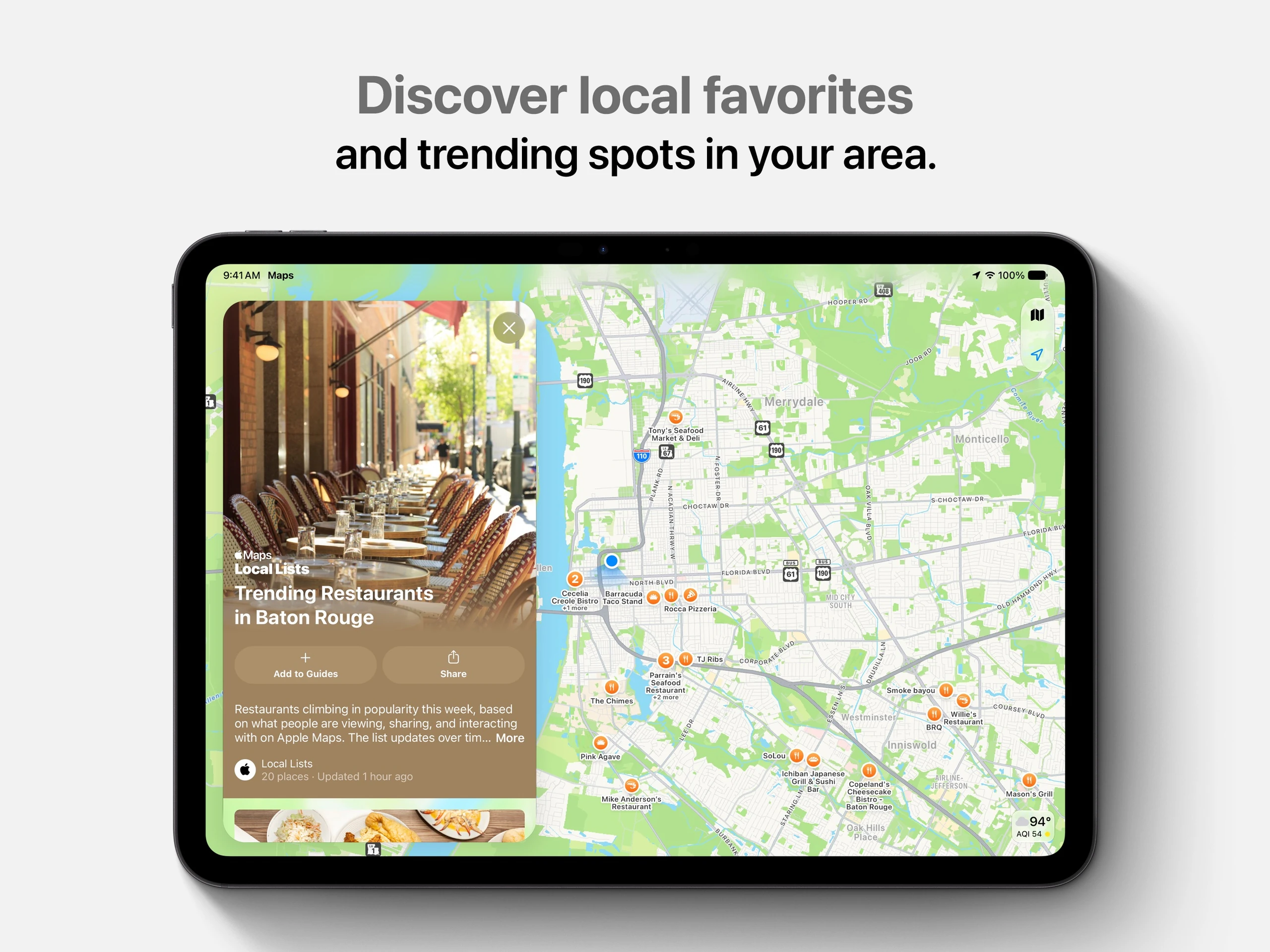 Apple Maps iPad restaurant guide alongside a Baton Rouge map