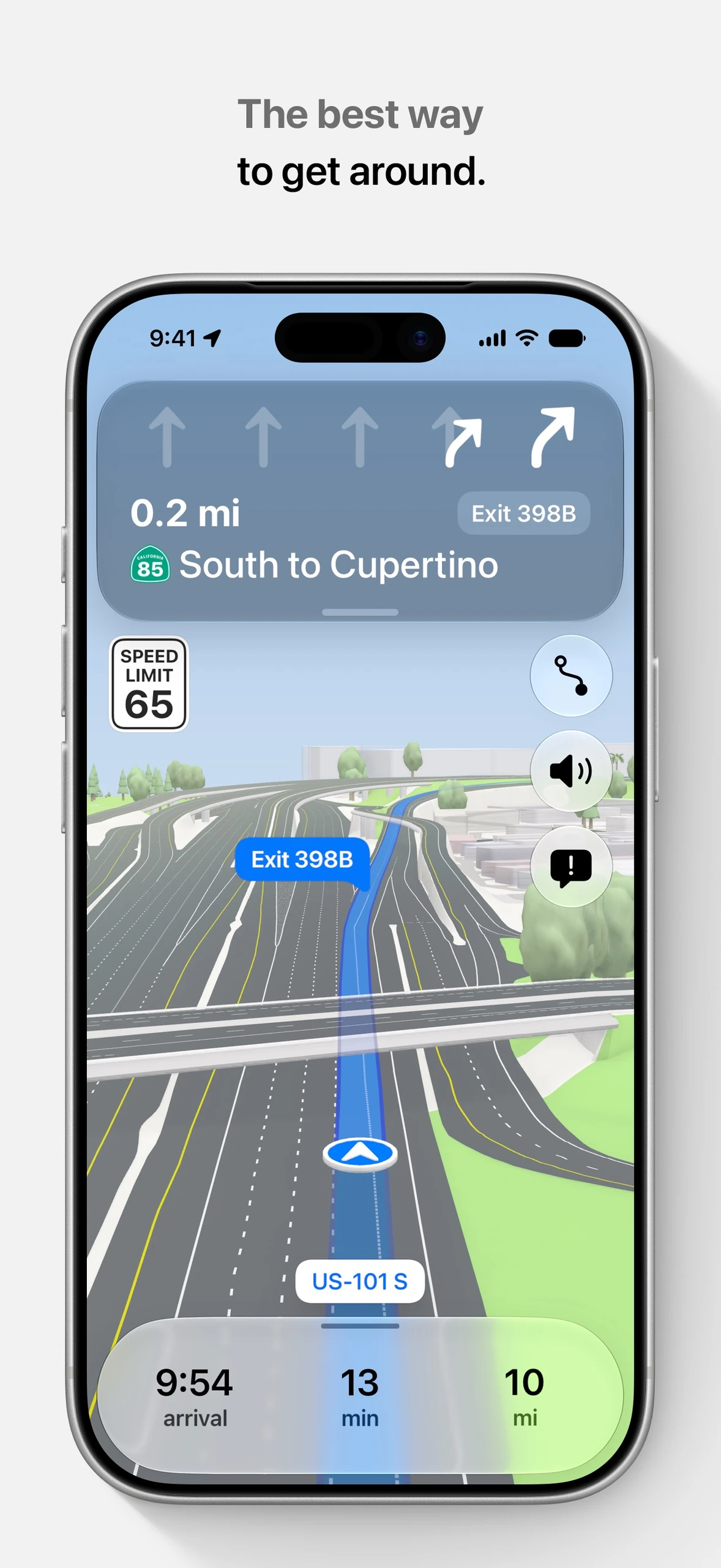 Apple Maps iPhone driving navigation on US-101 with lane guidance and arrival time