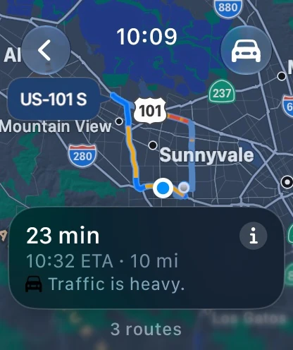 Apple Maps Apple Watch route preview from Mountain View to Sunnyvale with driving time and traffic