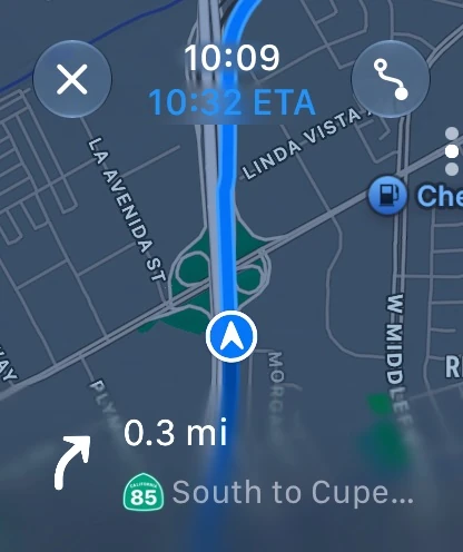 Apple Maps Apple Watch navigation map showing a turn on La Avenida Street