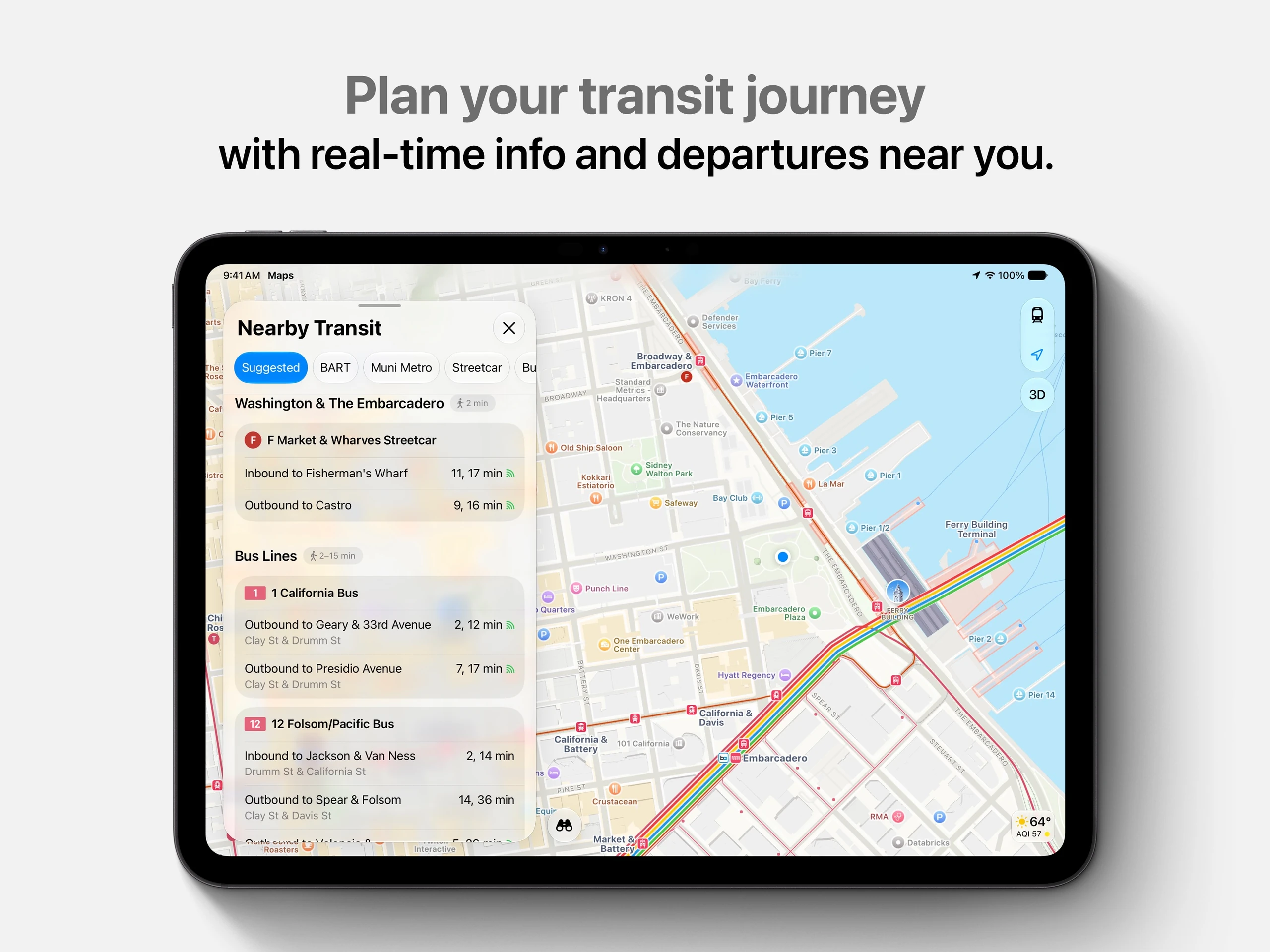 Apple Maps iPad transit departures alongside a San Francisco route map