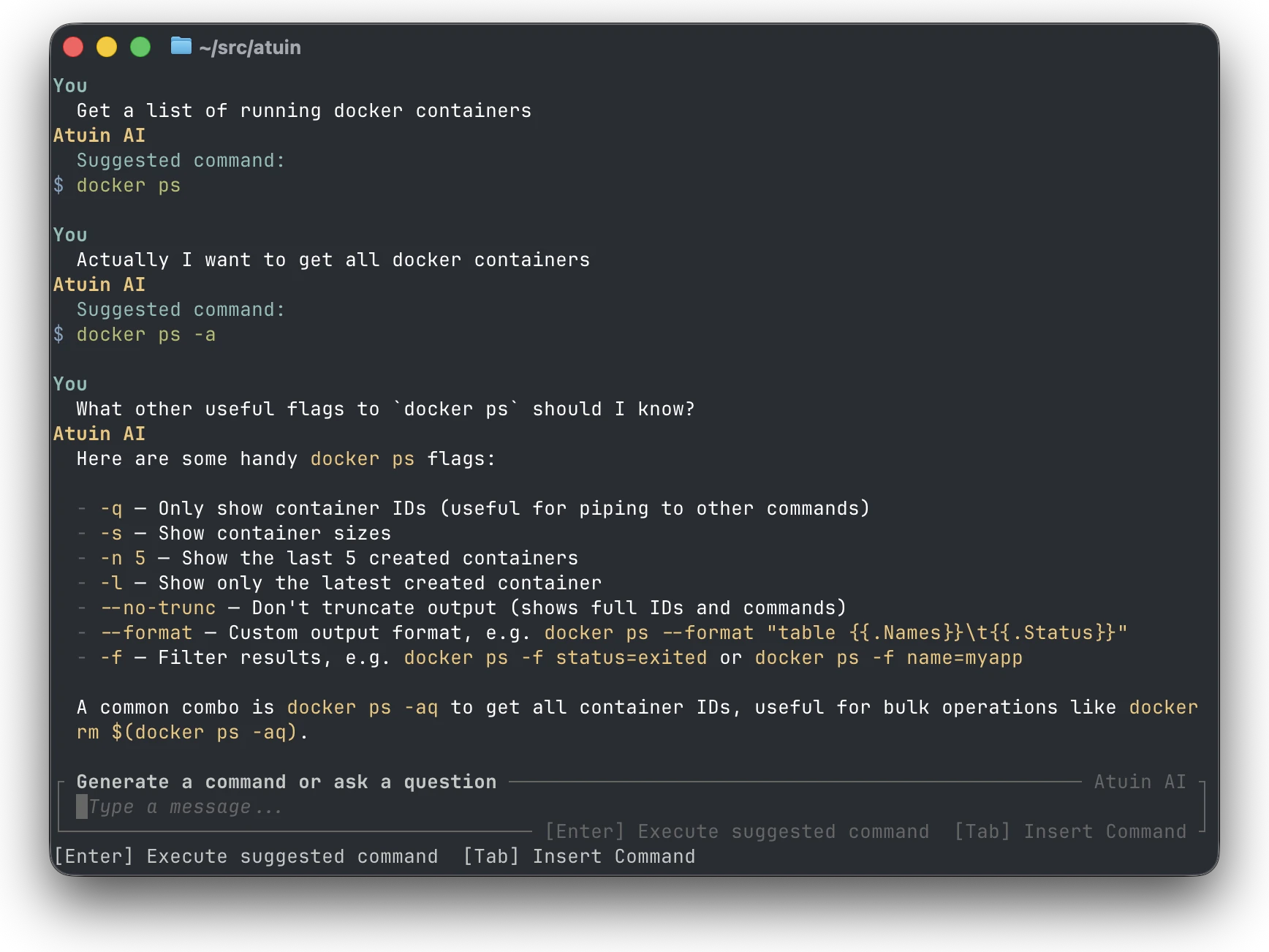 Atuin AI terminal chat suggesting docker ps commands and listing useful flags