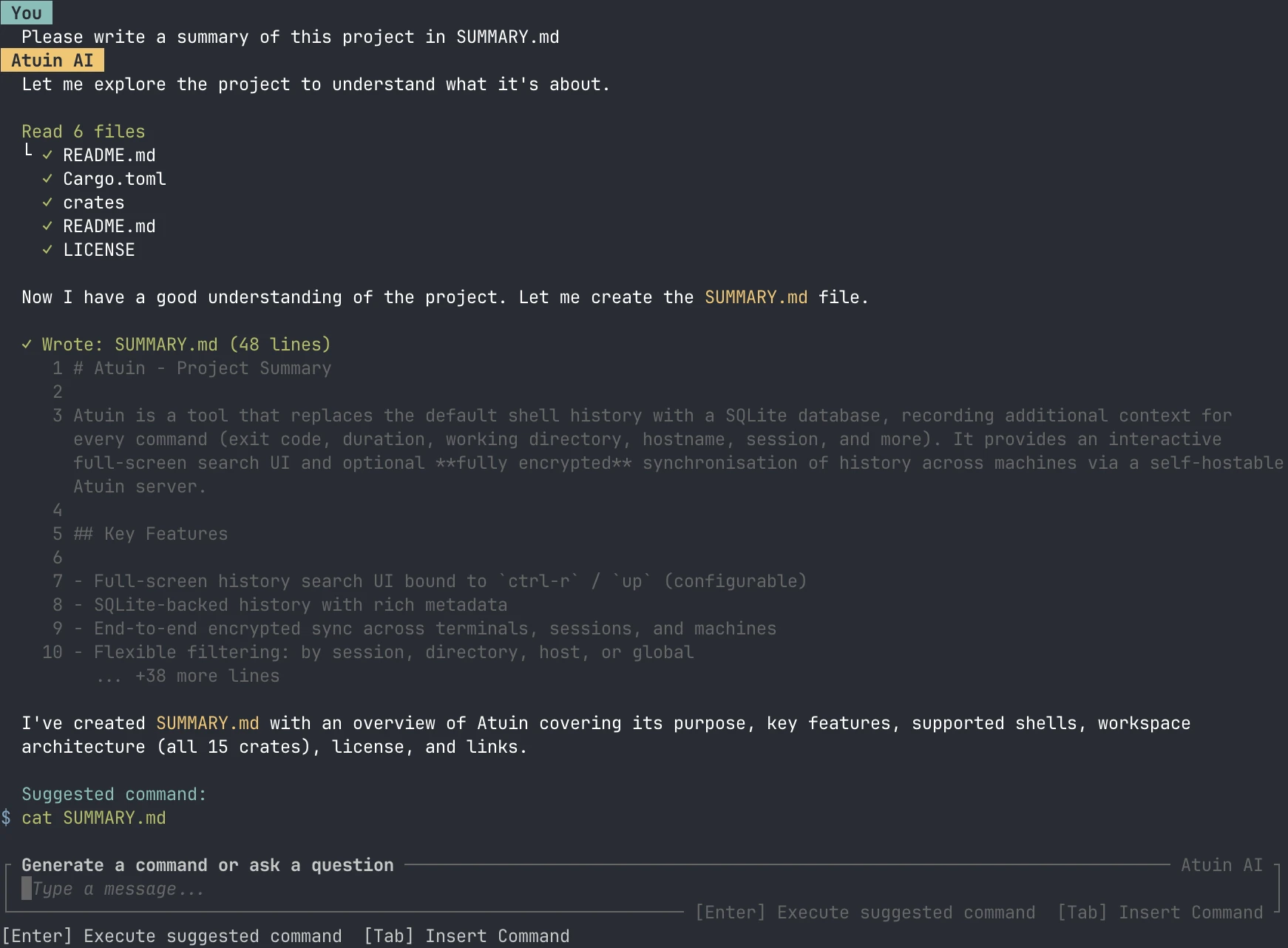 Atuin AI terminal session reading project files and writing a summary file