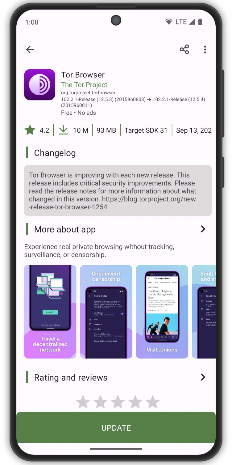 Aurora Store Tor Browser details with changelog and Update button