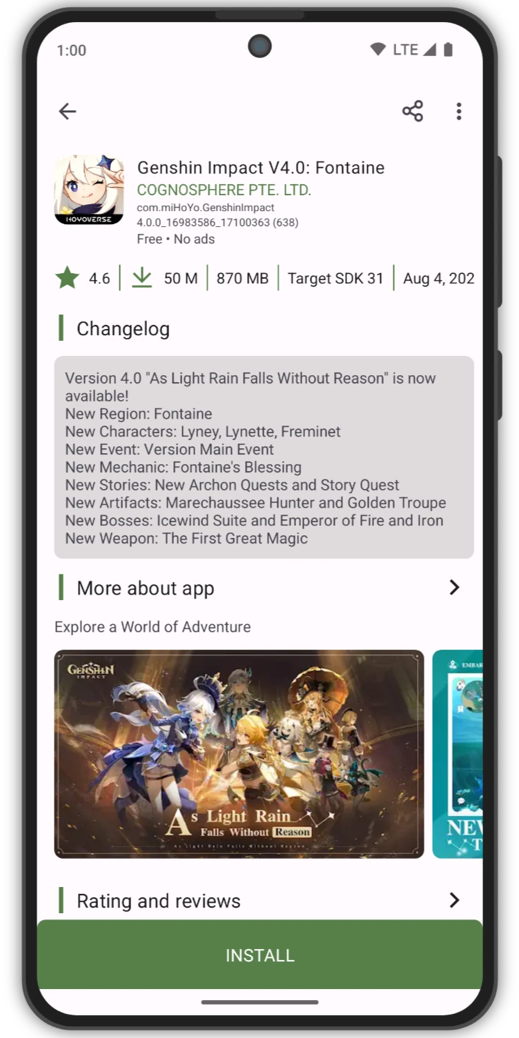 Aurora Store Genshin Impact details with changelog and Install button