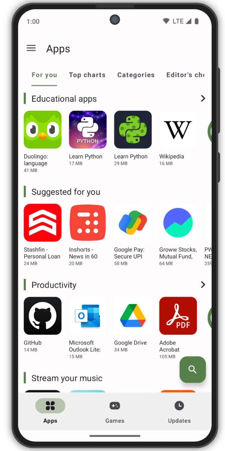 Aurora Store app browsing