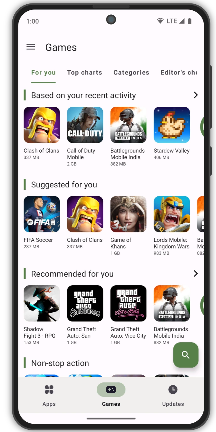 Aurora Store Games tab with recommended games and bottom navigation