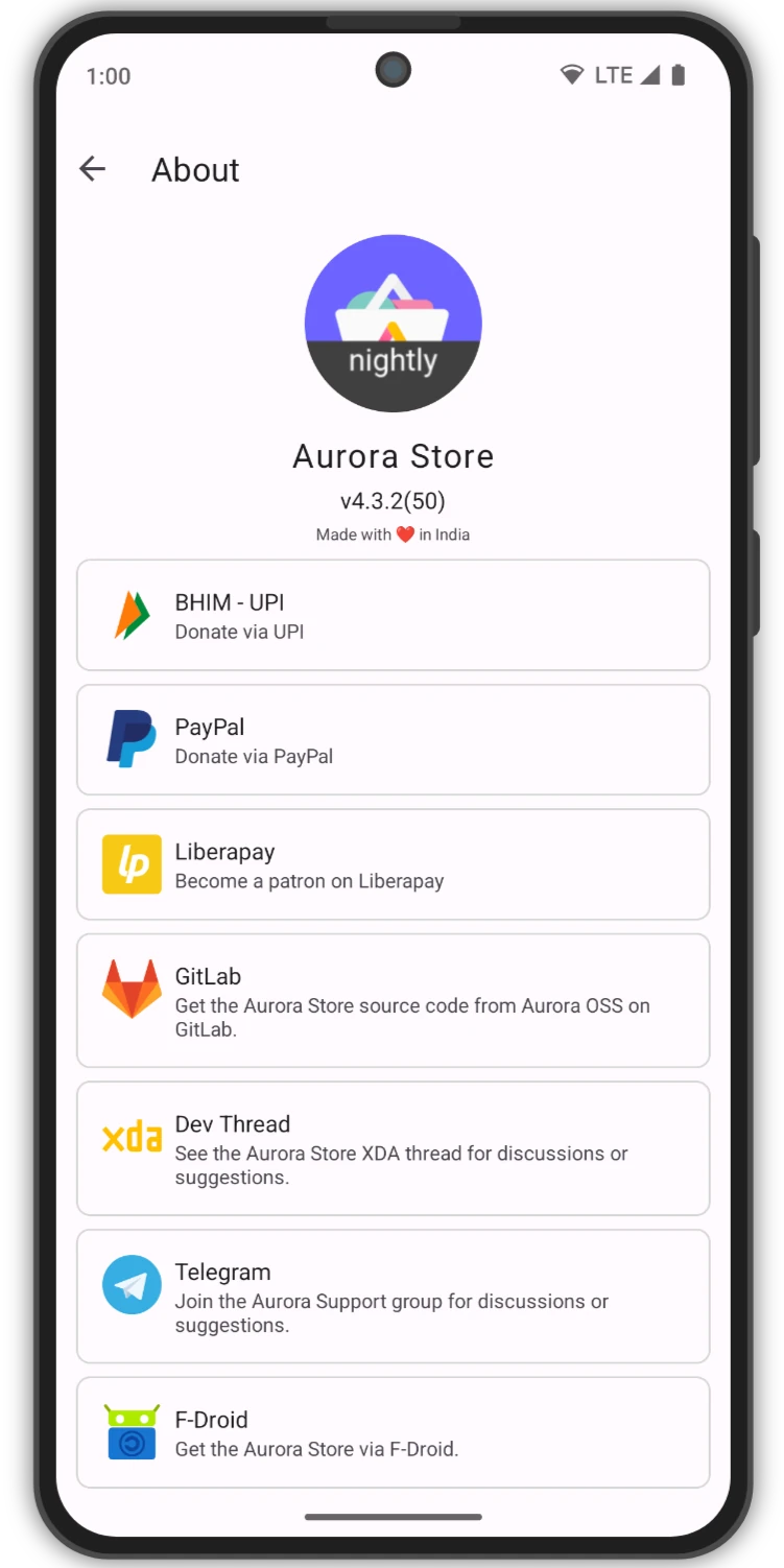 Aurora Store About page with version and project links