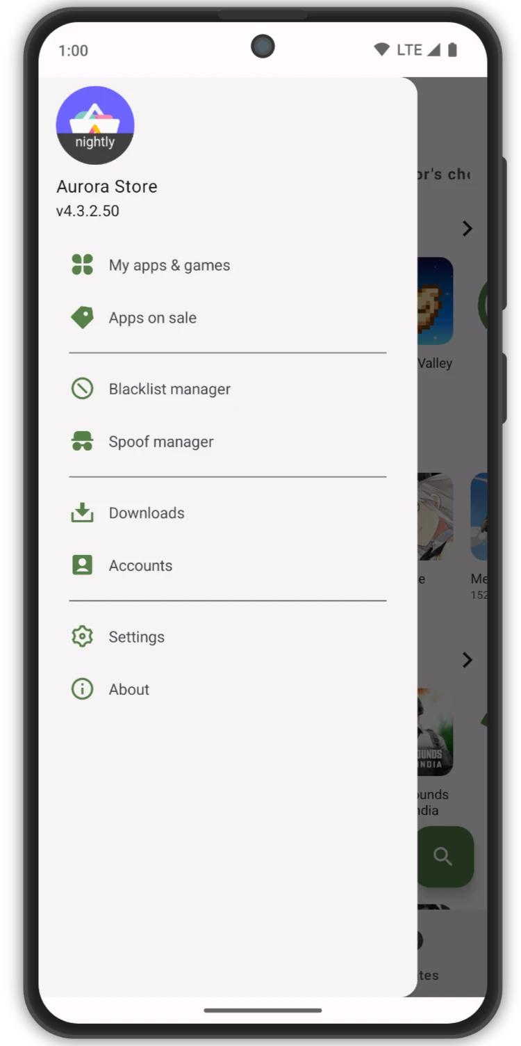Aurora Store navigation drawer