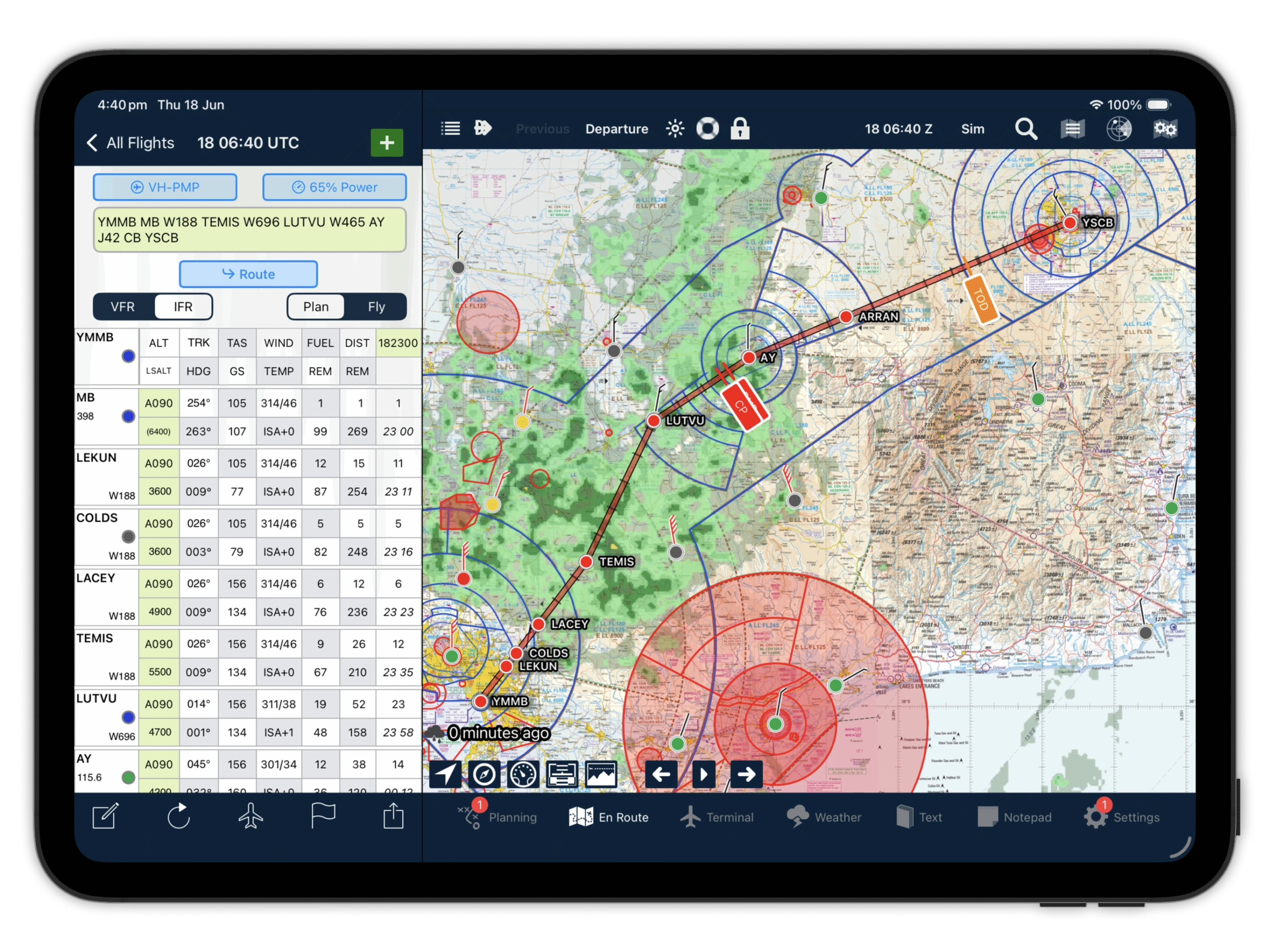 AvPlan EFB flight planning interface with route table, airspace overlays and weather map