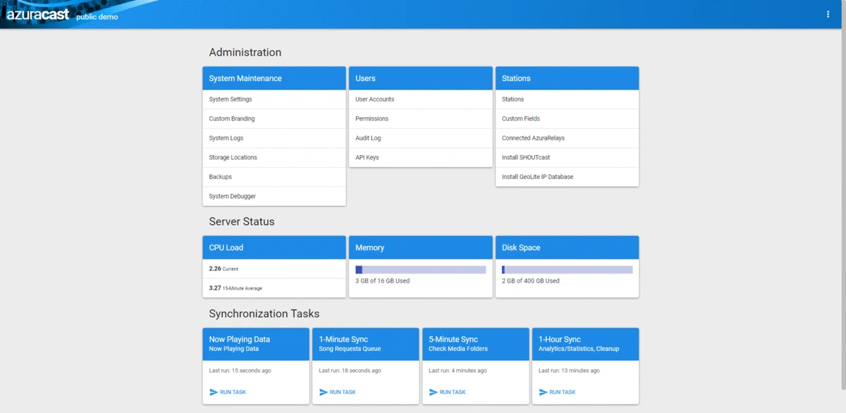 AzuraCast administration dashboard with server status and synchronization tasks.