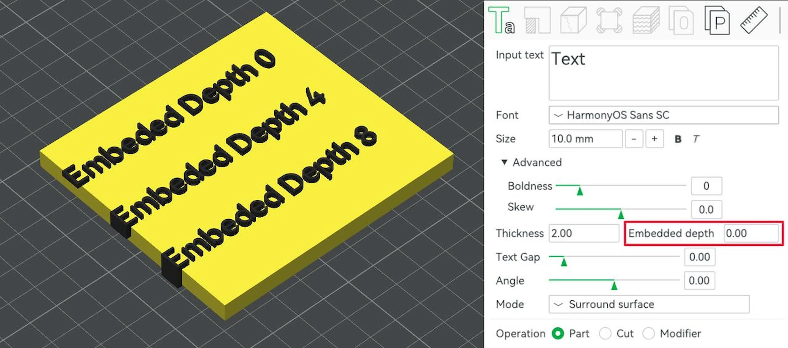 Bambu Studio: 3D text embedded depth control beside engraved and raised text samples