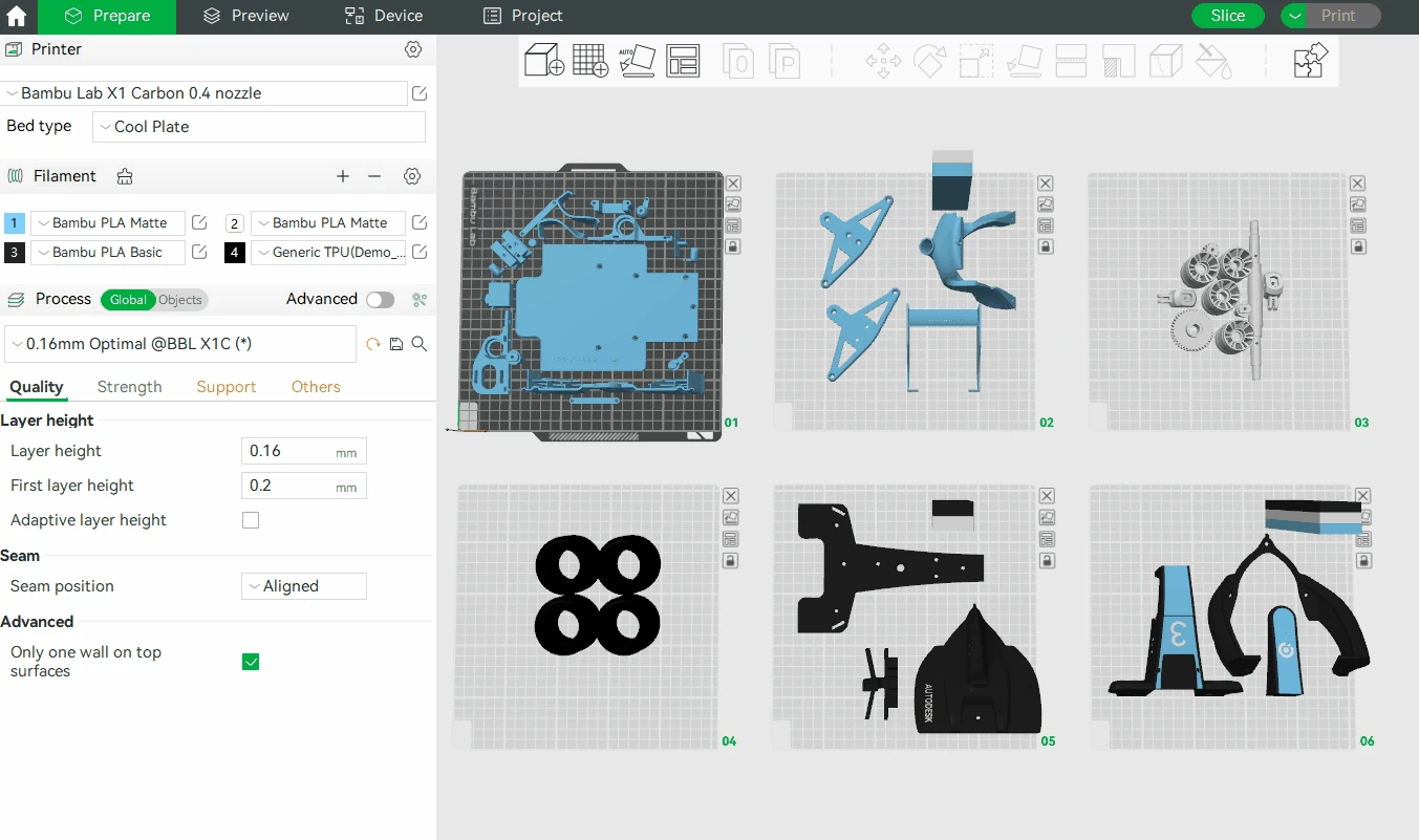 Bambu Studio: Prepare workspace with multiple build plates holding blue and black race-car parts