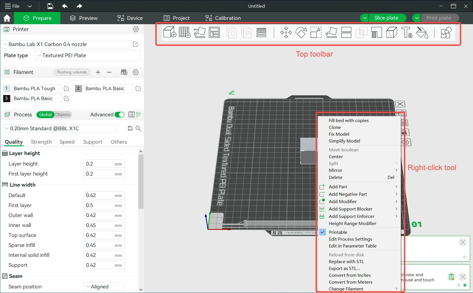 Bambu Studio: Prepare workspace with the toolbar and model right-click context menu highlighted