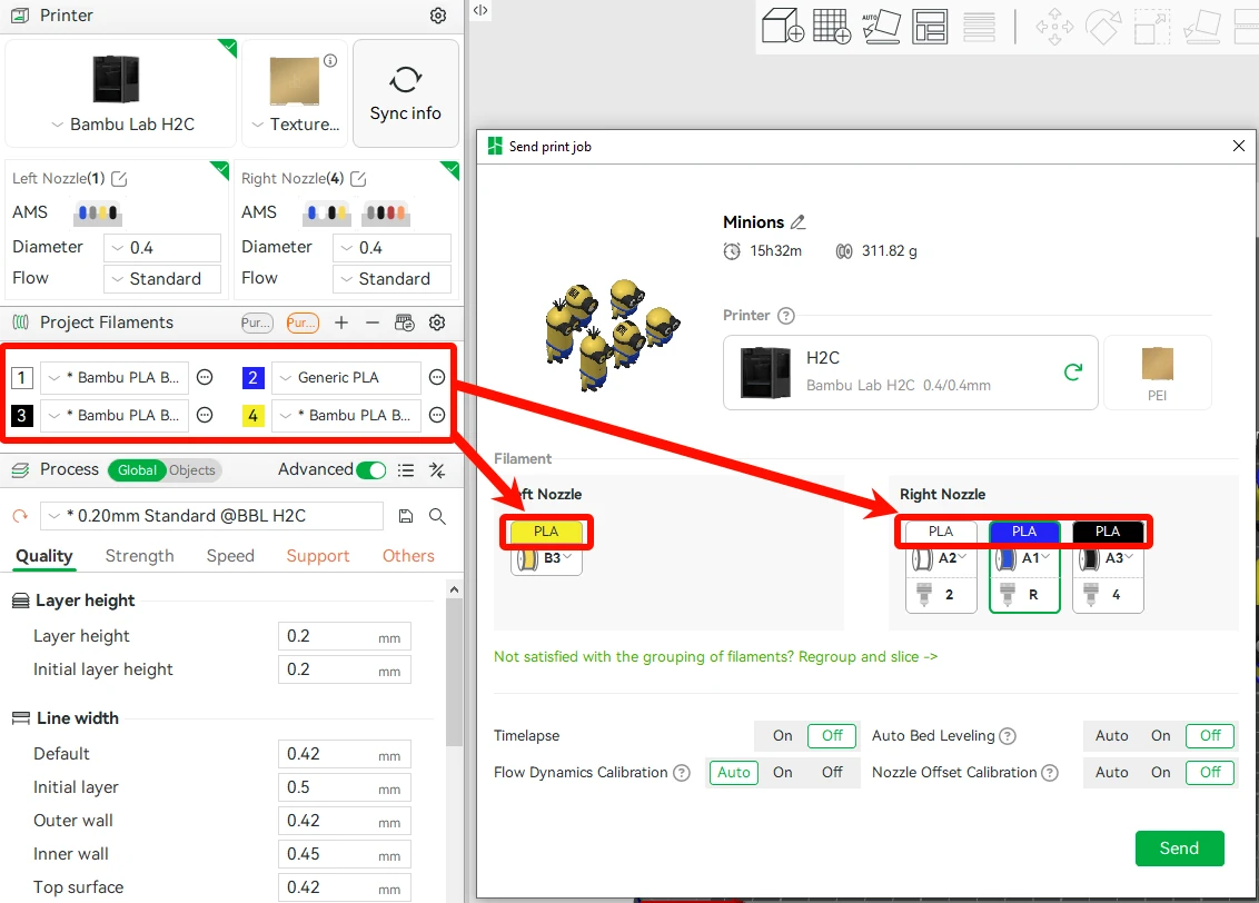 Bambu Studio: Send print job dialog with left and right nozzle filament mapping