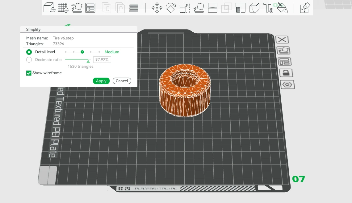 Bambu Studio: Simplify model dialog over a triangulated cylindrical mesh