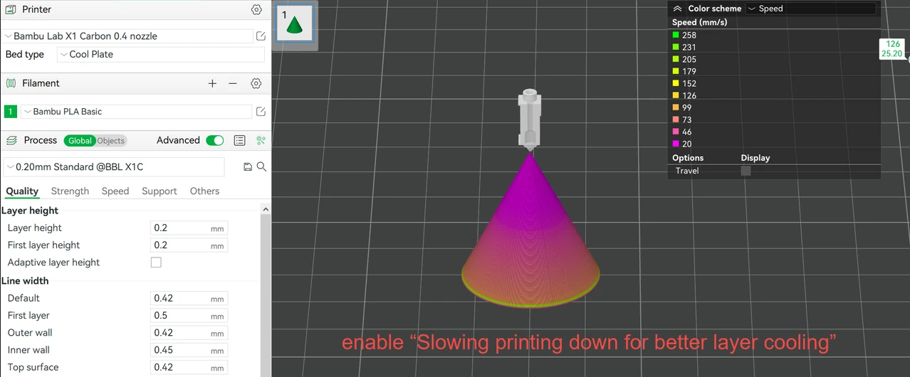 Bambu Studio: Sliced cone colorized by speed with slowing down for layer cooling enabled