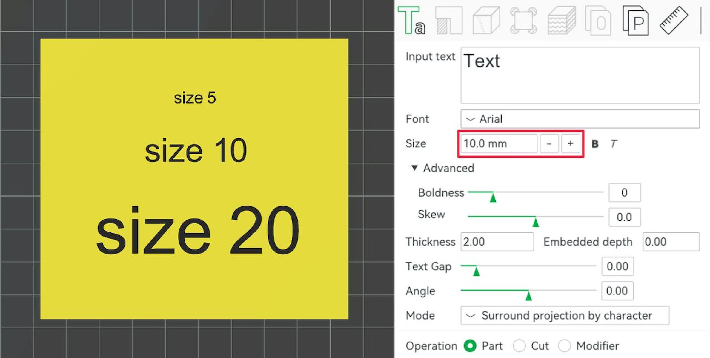 Bambu Studio: 3D text size control beside samples at sizes 5, 10 and 20