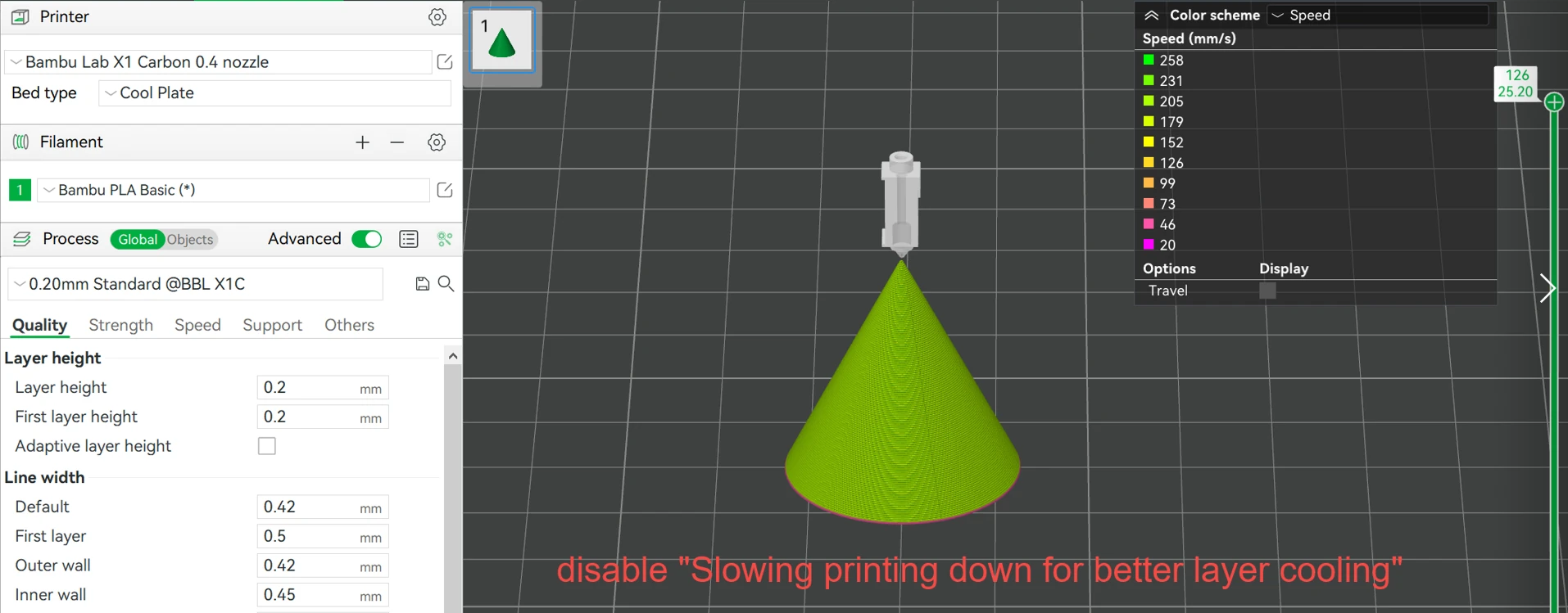 Bambu Studio: Sliced cone preview with layer cooling slowdown disabled